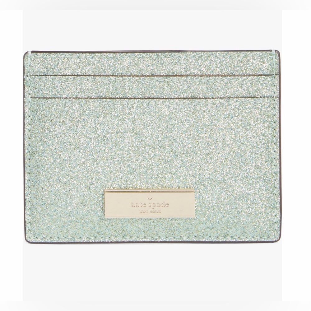 Kate Spade New York Sparkle Kenzie Glitter Card Case Seawater Mint Green OS NIB